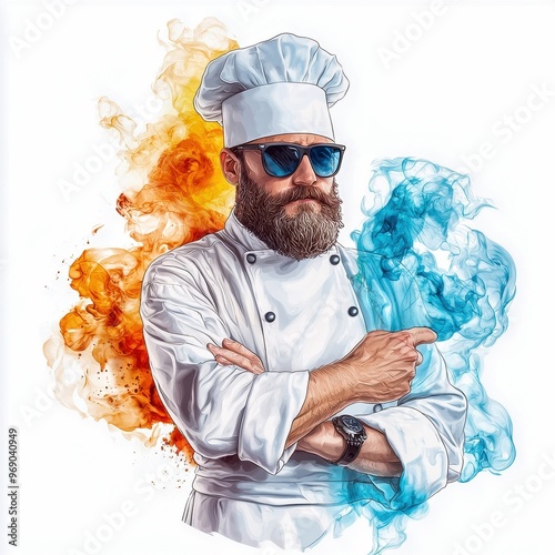 Stylish chef with sunglasses showcases culinary confidence against vibrant smoke backdrop. photo