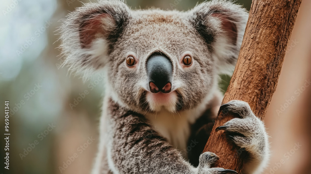 Fototapeta premium A koala bear is holding onto a tree branch with its paws, AI