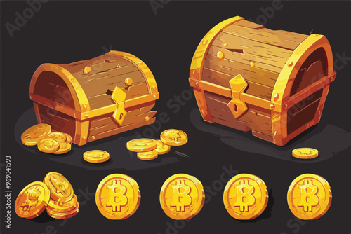 Golden Coin Vector Illustration On White Background With Wooden Treasure Chest, Wealth And Riches Concept