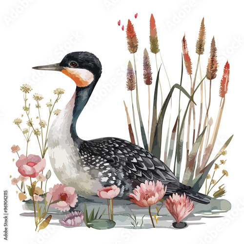 Elegant Grebe Floral Hand-drawn Watercolor Illustration