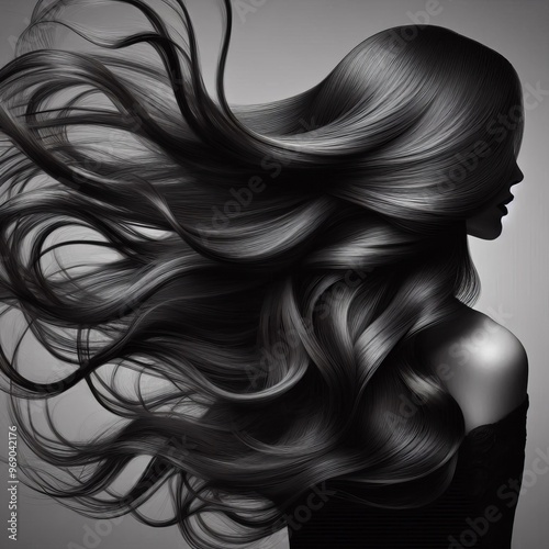 Monochrome image showcasing a side view of a woman with flowing hair, creating a dramatic and artistic effect. The grayscale tones emphasize the texture and movement of her hair, offering a timeless