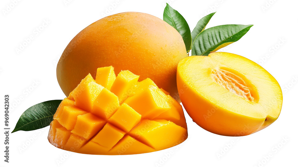 Fresh Mango Slices with Leaves and Whole Fruit Fresh Mango Slices with Leaves and Whole Fruit