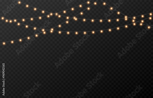 Vector Christmas garland png. Christmas light png. Holiday decoration, garland with golden lights, LED lamp.