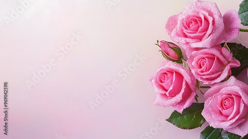 Fresh pink roses with dewdrops forming a single-sided border on a smooth pastel background, ideal for elegant and simple designs with text space.
