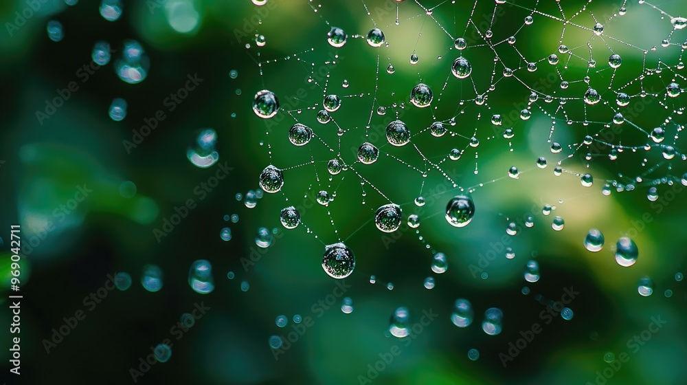 Macro view of water droplets on spider web Macro view of water droplets on spider web