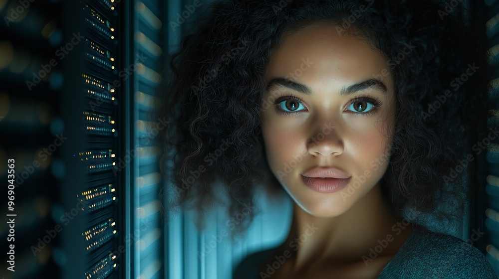 A woman with dark hair and brown eyes is standing in front of a wall of computer monitors. The monitors are all lit up, creating a bright and intense atmosphere