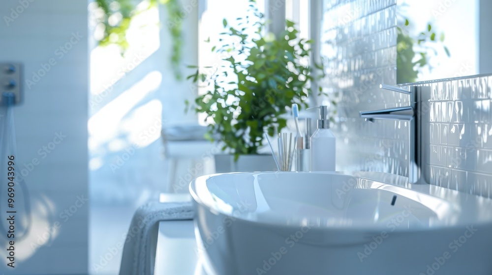 Fototapeta premium Sleek and Modern Bathroom Interior Featuring White Fixtures and Elegant Design Elements