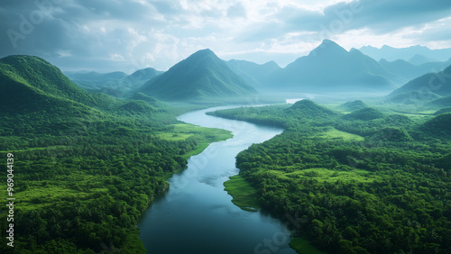 A winding river flowing through lush, mountainous terrain