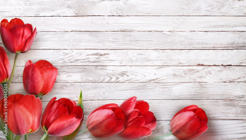 Czerwone tulipany, kwiaty na białej desce. Puste miejsce na tekst, zaproszenie © Iwona