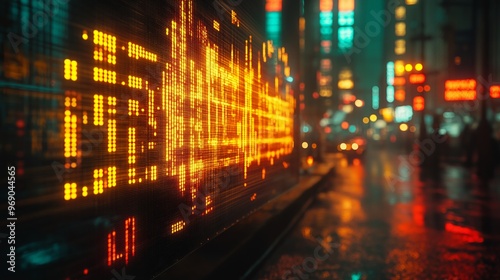 A neon sign with a large orange grid is lit up in a city street. The bright colors and patterns create a sense of energy and excitement, reflecting the fast-paced nature of urban life