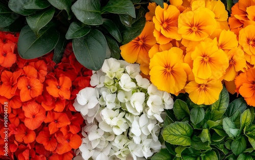 A garden-themed collage, blending traditional garden flowers like marigolds, hydrangeas, and petunias photo