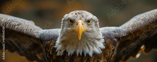  Close-up of a majestic bald eagle with outstretched wings, showcasing intense eyes and powerful presence, perfect for patriotic or wildlife themes photo