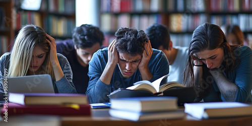 Stressed-Out Student: a study group huddled around books and laptops, desperately trying to cram for an exam, their stress etched on their faces. photo