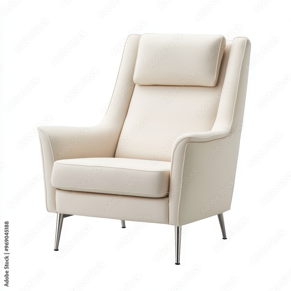 Fototapeta premium A modern, minimalist cream-colored armchair with sleek metal legs designed for comfort.