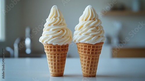 two vanilla ice cream cones on a