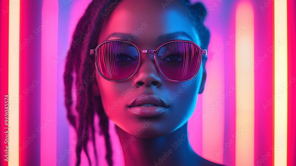 A woman with purple sunglasses is standing in front of a neon light. The image has a vibrant and energetic mood, with the neon lights creating a bold A woman with purple sunglasses is standing in front of a neon light. The image has a vibrant and energetic mood, with the neon lights creating a bold