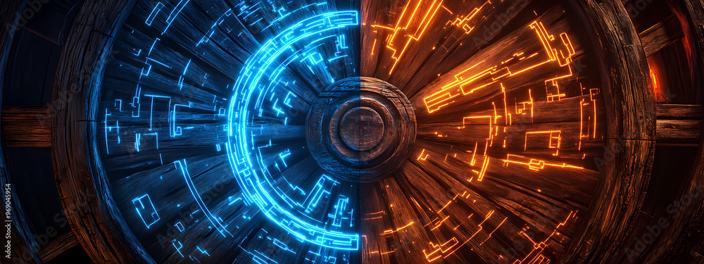 Fototapeta premium Wooden Wagon Wheel Transitioning into Digital Form