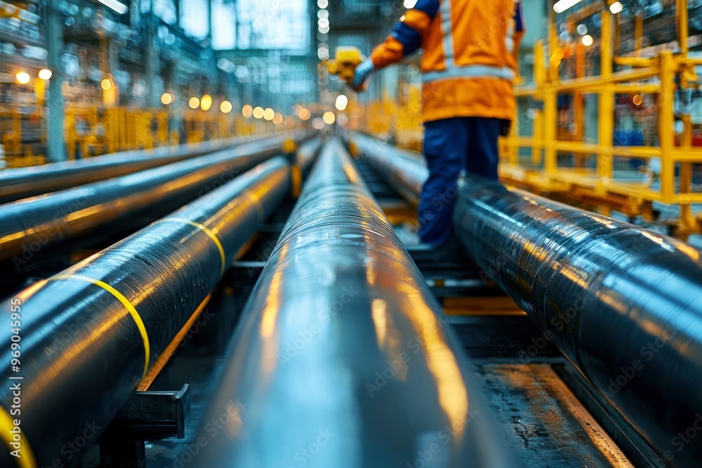Industrial Pipes and a Worker in a Factory Setting Industrial Pipes and a Worker in a Factory Setting