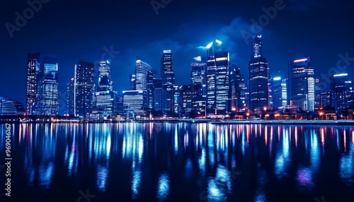 A stunning night view of a modern city skyline with skyscrapers illuminated in blue tones, reflecting beautifully in the calm waters below. The scene exudes a sense of urban sophistication and