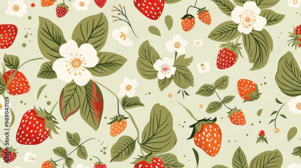 Realistic seamless pattern of strawberries, green leaves, and white flowers on a light green background. Perfect for fresh, vibrant, and summery designs. Realistic seamless pattern of strawberries, green leaves, and white flowers on a light green background. Perfect for fresh, vibrant, and summery designs.