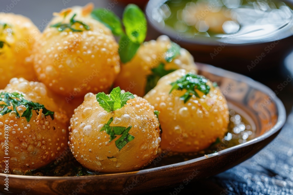 Pani puri with a side of mint leaves Pani puri with a side of mint leaves