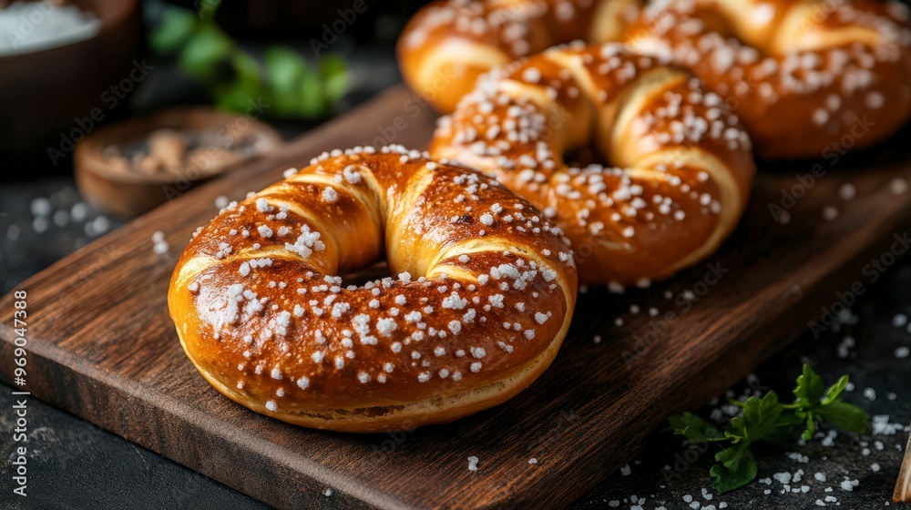 Freshly Baked Pretzels with Coarse Salt on Wooden Board Freshly Baked Pretzels with Coarse Salt on Wooden Board