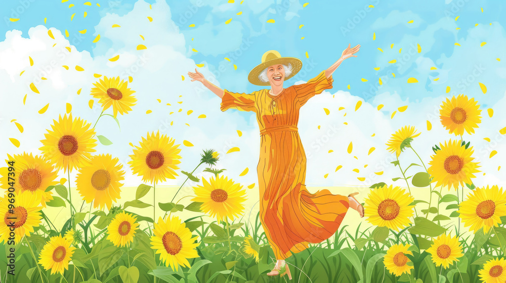 Fototapeta premium A woman wearing an orange dress joyfully dances among tall sunflowers under a bright blue sky, radiating happiness and warmth