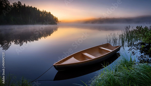 Jezioro, wschód słońca, spokojna scena photo