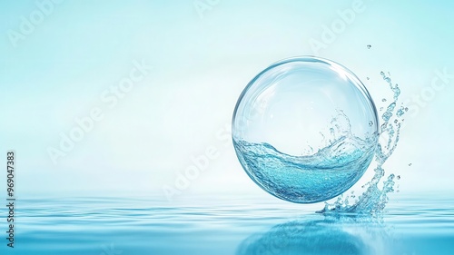 Bubble speech made of swirling water, suspended over a tranquil ocean background, fluid and calming