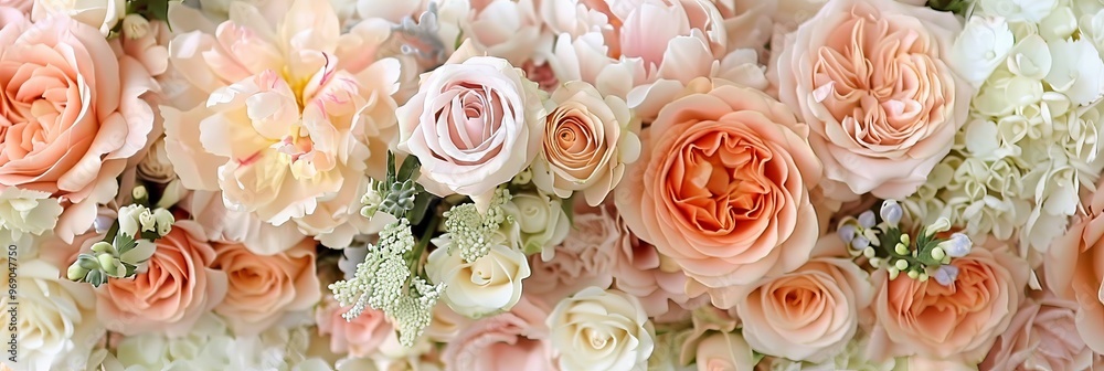 Close Up of Peach and Cream Colored Roses, Hydrangeas, and Ranunculus Flowers for Wedding Background Close Up of Peach and Cream Colored Roses, Hydrangeas, and Ranunculus Flowers for Wedding Background