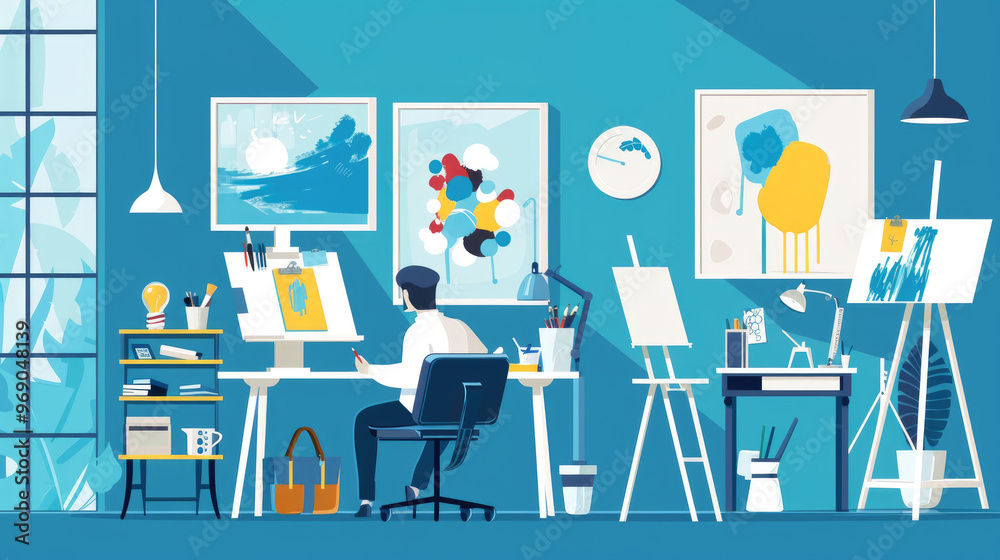 An artist focuses on their work surrounded by tools, bright colors, and completed artworks in a sunlit creative studio An artist focuses on their work surrounded by tools, bright colors, and completed artworks in a sunlit creative studio