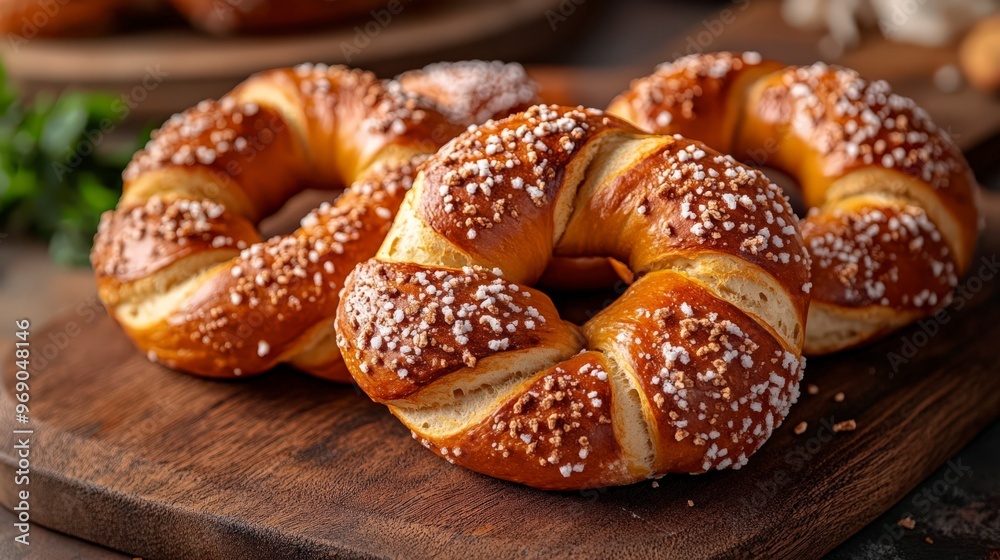 Freshly Baked Pretzels with Coarse Salt on Wooden Board Freshly Baked Pretzels with Coarse Salt on Wooden Board