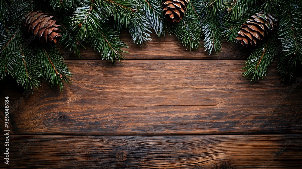Rustic Christmas Background with Wooden Texture, Green Pine Leaves, and Copy Space for Seasonal Announcements or Invitations Rustic Christmas Background with Wooden Texture, Green Pine Leaves, and Copy Space for Seasonal Announcements or Invitations