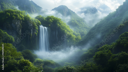 Hazy valley with pristine waterfall and lush greenery