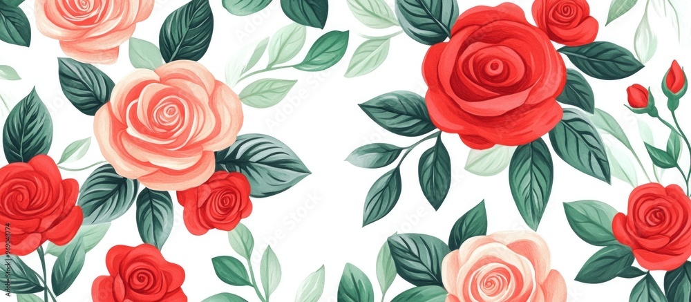Beautiful bouquet of roses and green leaves against a white background hand drawn in a creative flat design style Decorative floral pattern ideal for wallpaper and Valentine s Day themes Beautiful bouquet of roses and green leaves against a white background hand drawn in a creative flat design style Decorative floral pattern ideal for wallpaper and Valentine s Day themes