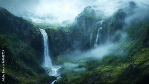 Misty valley with pristine waterfalls and lush greenery