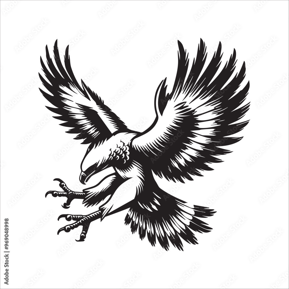 Obraz premium Harpy Eagle Silhouette Design, Eagle Clipart Graphic, Eagle Bird vector illustration in black and white