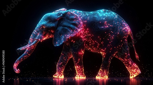 Semiabstract elephant with its trunk spiraling into glowing neon patterns symbolizing wisdom strength and patience