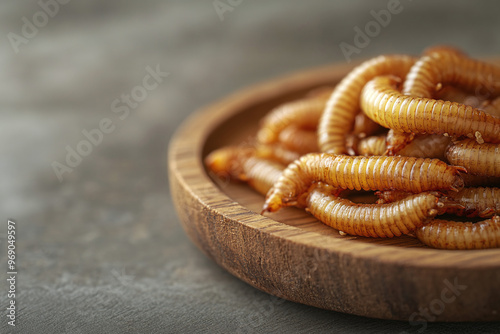 Plate of edible worms as meat protein source photo