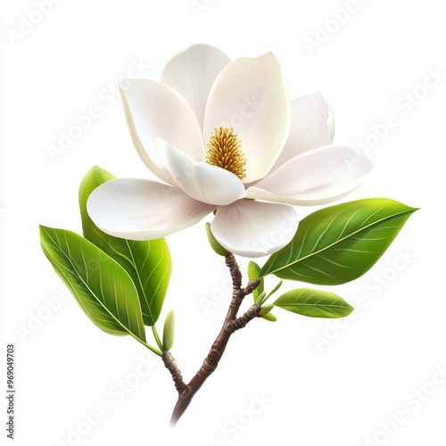 Magnolia with leaves, isolated on white background.