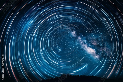 Celestial Dance Long exposure of stars, forming abstract circular streaks. Night sky. Futuristic.