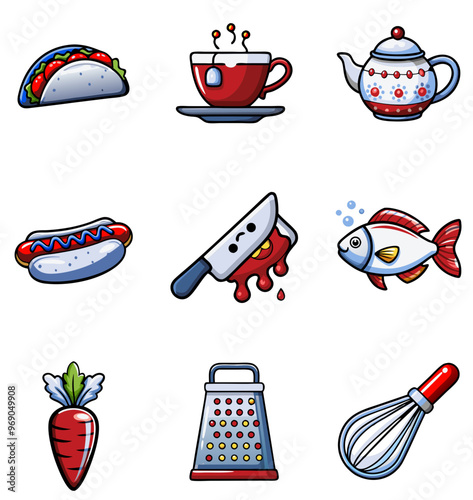 Colorful food and kitchen icons including tacos, drinks, and utensils, playful design for culinary themes