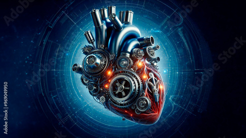 The image of the human heart as a motor with pistons and valves photo