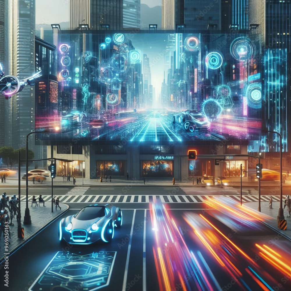 A bustling futuristic city intersection featuring a massive high-tech billboard displaying digital innovation. Futuristic cars and holographic projections dominate the scene, emphasizing the advanced A bustling futuristic city intersection featuring a massive high-tech billboard displaying digital innovation. Futuristic cars and holographic projections dominate the scene, emphasizing the advanced