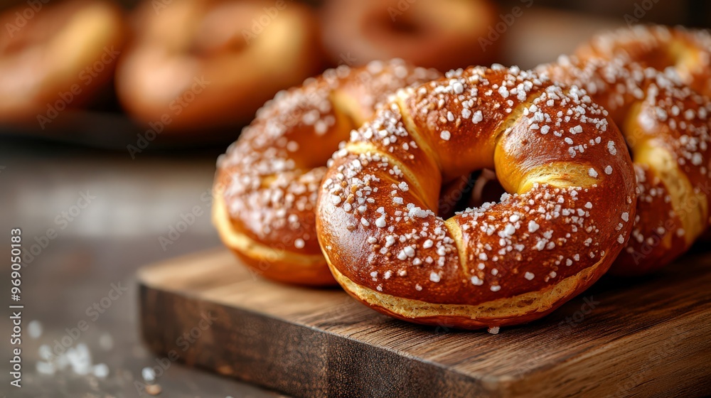 Freshly Baked Pretzels with Coarse Salt on Wooden Board Freshly Baked Pretzels with Coarse Salt on Wooden Board
