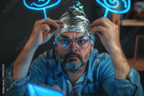close-up of a male conspiracy theorist in a protective foil cap and glasses debunks myths. Conspiracy theory and the harm of the 5g network. Mobile killer. The schizophrenic works. close-up of a male 