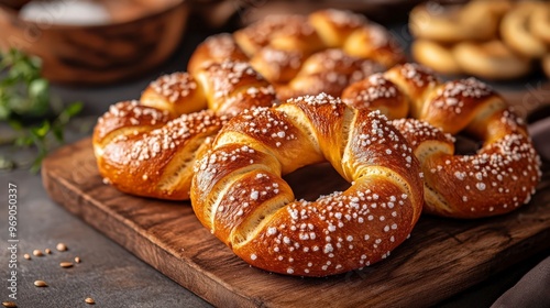 Freshly Baked Pretzels with Coarse Salt on Wooden Board