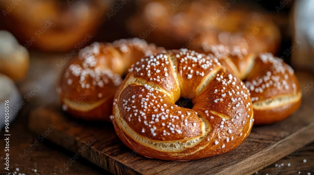 Freshly Baked Pretzels with Coarse Salt on Wooden Board Freshly Baked Pretzels with Coarse Salt on Wooden Board