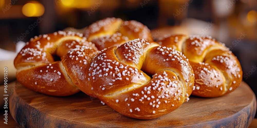 Freshly Baked Pretzels with Coarse Salt on Wooden Board Freshly Baked Pretzels with Coarse Salt on Wooden Board