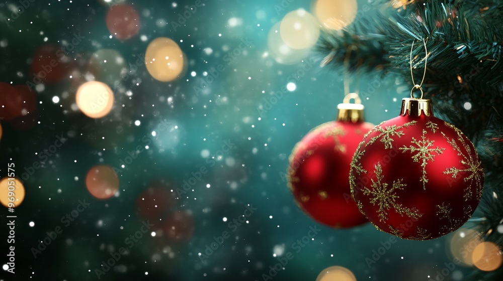 A Christmas tree with two red ornaments hanging from it A Christmas tree with two red ornaments hanging from it